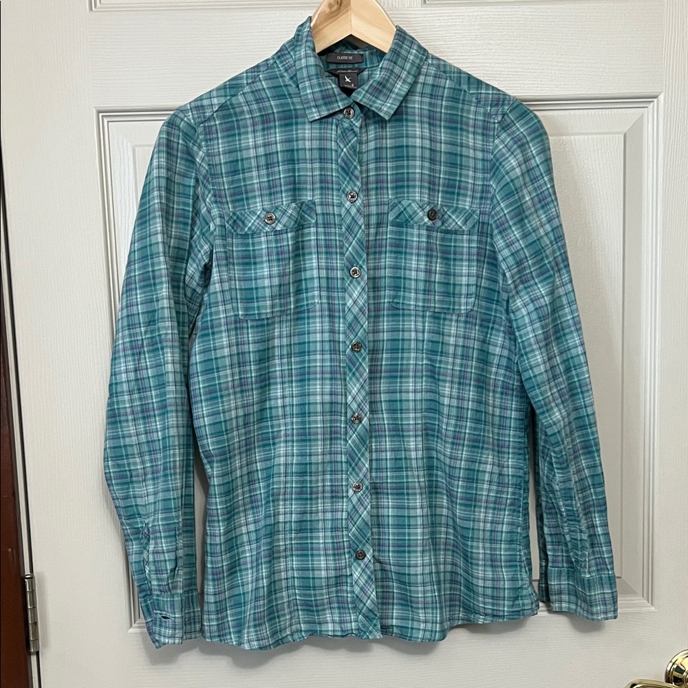 Eddie Bauer Teal and Purple Plaid Button-Up Shirt
